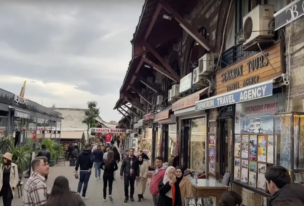 A view of the shops and stalls in Arasta Bazaar, located near the Blue Mosque in Istanbul.