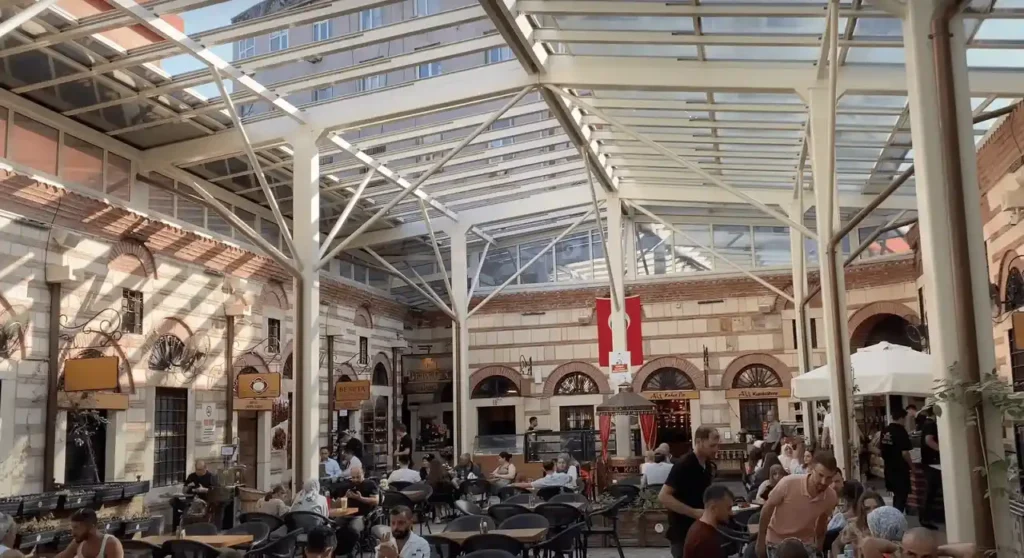 Beta Yeni Han with arches and an inner courtyard filled with shops and cafés.