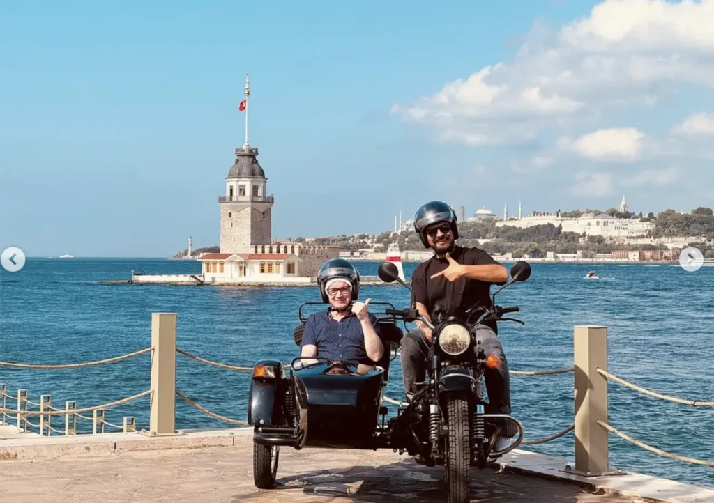 A bike tour along the Bosphorus with the Maiden Tower in the background.