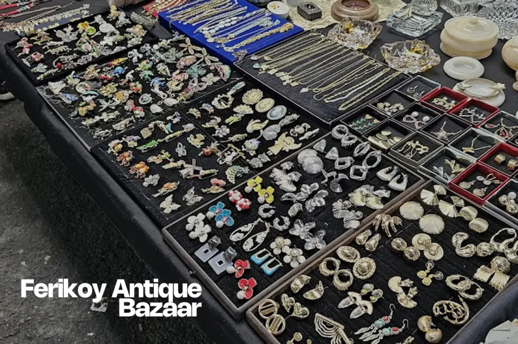 Stalls at Ferikoy Antique Bazaar, filled with vintage items and collectibles.