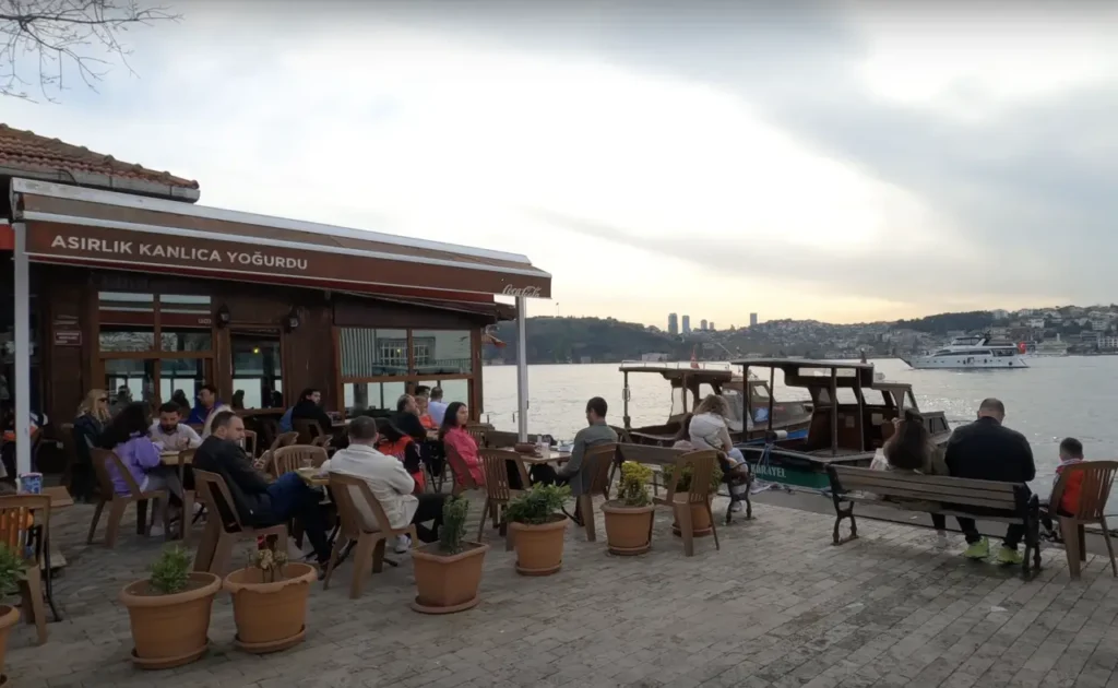 A view of Kanlıca from the waterline, with houses and trees lining the Bosphorus shore.