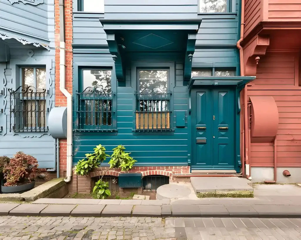 Narrow cobblestone alley in Kuzguncuk, Uskudar, Istanbul, with a green house featuring a wooden door and decorative wrought iron windows.