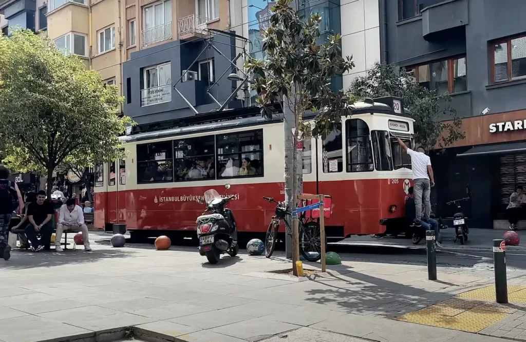 Nostalgic tram on Bahariye Street in Moda.