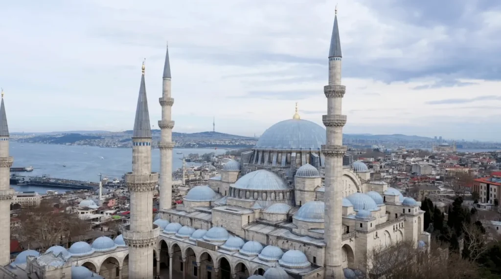 View of the Süleymaniye Mosque with its large dome, and minarets.