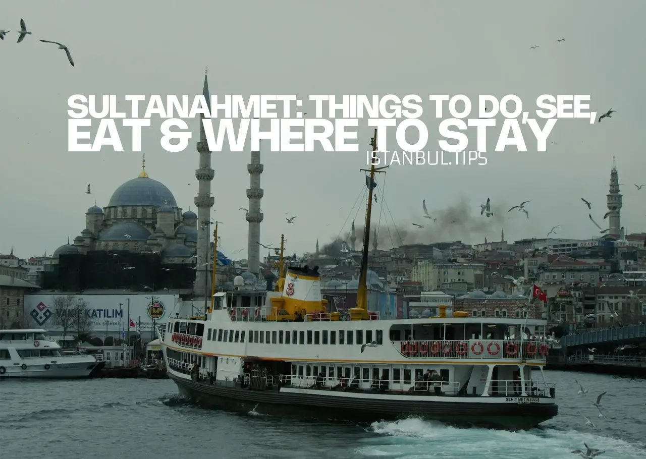 A view of Sultanahmet’s skyline, featuring the Blue Mosque and Hagia Sophia, as seen from a ferry on the Bosphorus.