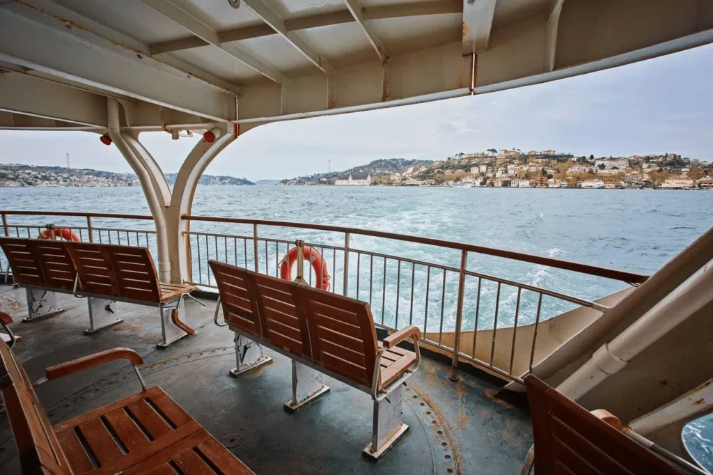Scenic view from a Bosphorus cruise, highlighting Istanbul's skyline and historical sites along the waterfront.