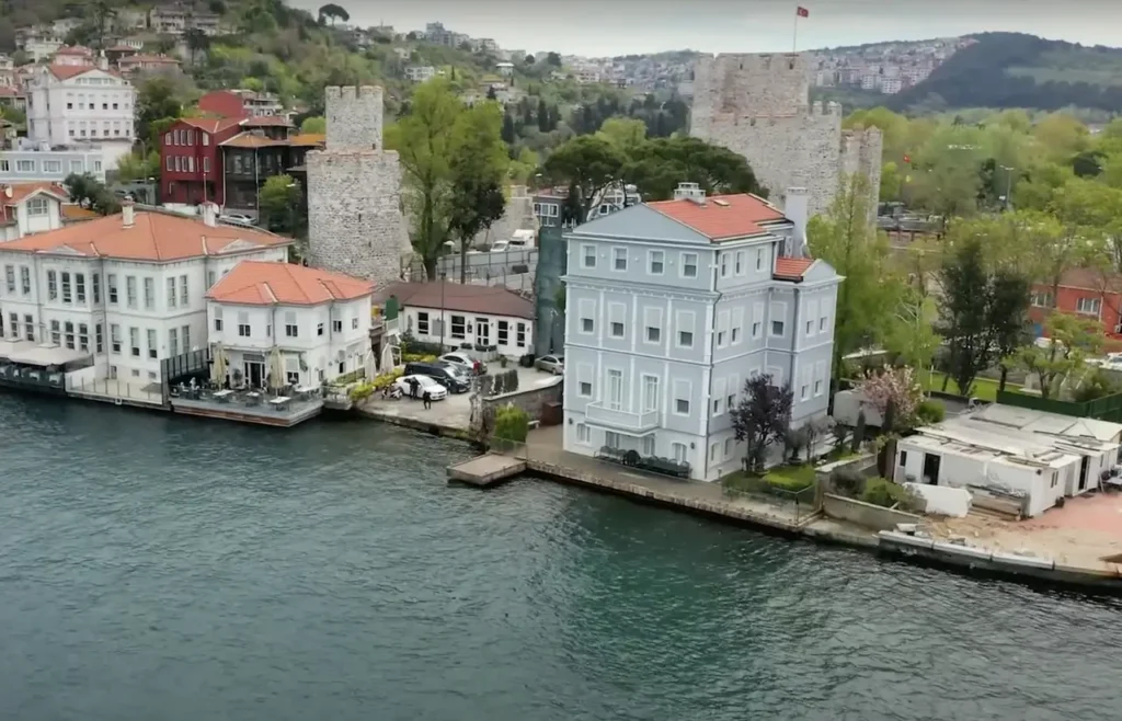 A drone view of Anadolu Fortress, with its towers and walls overlooking the Bosphorus on the Asian side of Istanbul.
