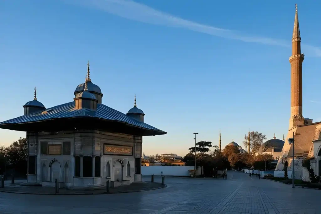 View of the Fountain of Sultan Ahmed III, an iconic historic fountain in Uskudar, Istanbul.