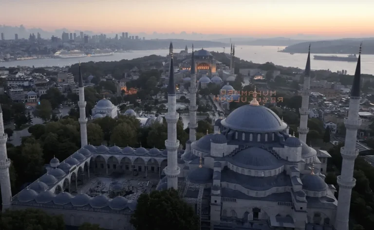 Aerial view of the Blue Mosque with domes and minarets in Istanbul.
