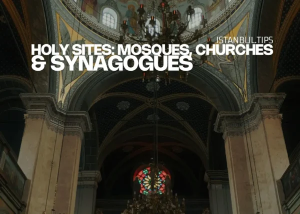 Interior view of the Hagia Triada Church in Istanbul, with ornate decor and religious iconography.