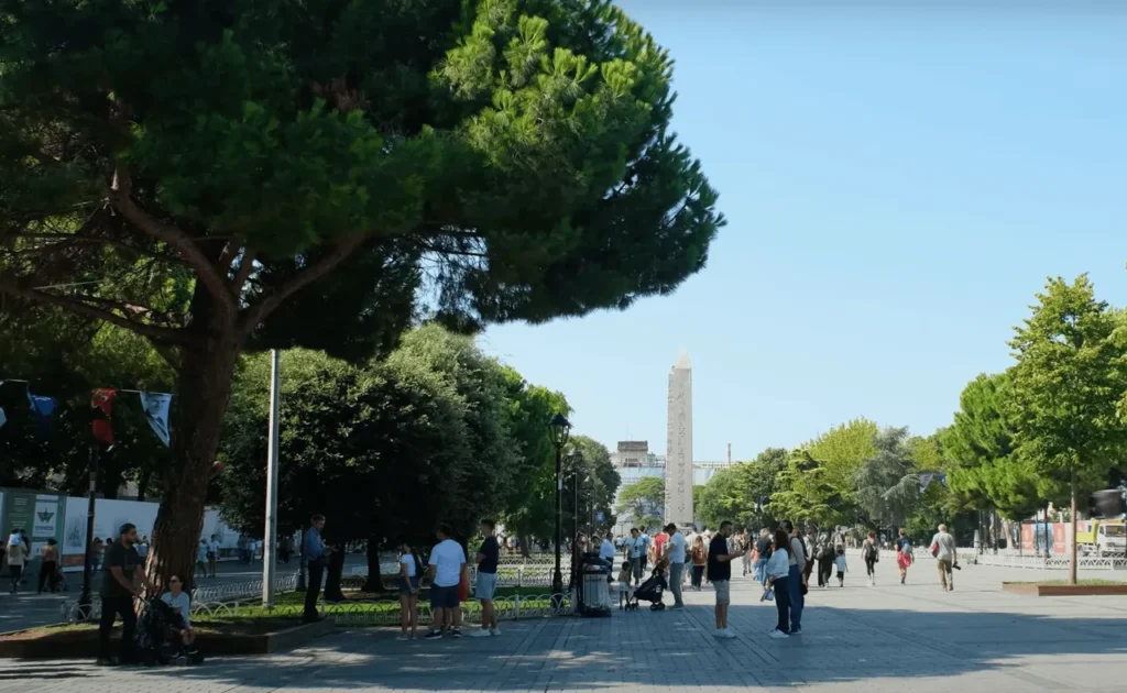 View of the Hippodrome of Constantinople with ancient monuments in Sultanahmet Square.