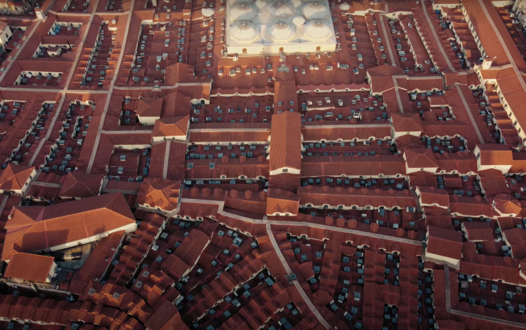 An aerial view of the Grand Bazaar’s rooftops, showing the vast expanse of the market.