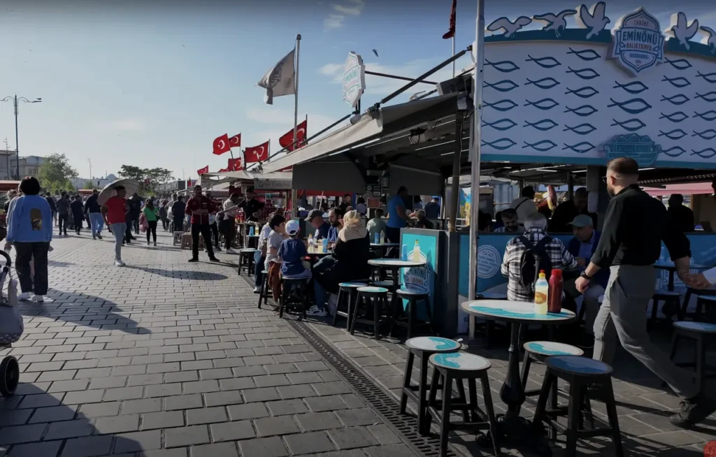 Fish restaurants at Eminönü Pier, offering fresh seafood with views of the waterfront.