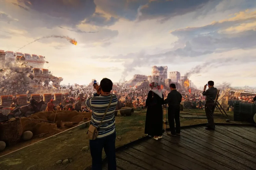 Depiction of the Fall of Constantinople by Sultan Mehmet II at the Panorama 1453 Museum in Istanbul, Turkey.