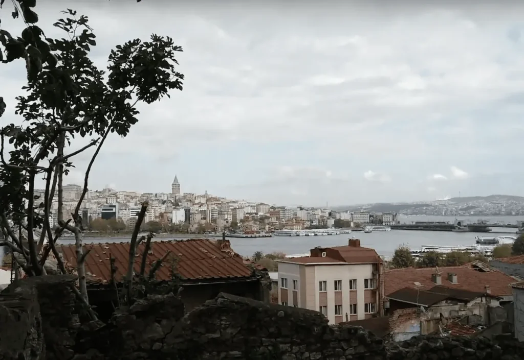 Cloudy autumn day view from Balat to Galata Tower across the Golden Horn.