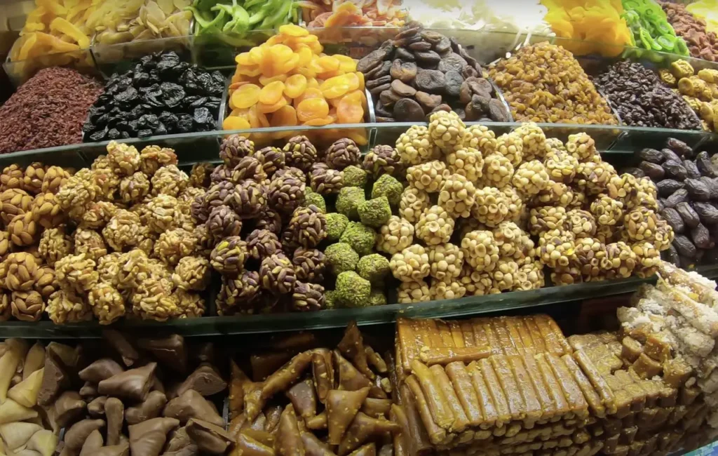 A variety of dried fruits on display at Istanbul’s Spice Bazaar, including figs, apricots, and dates.