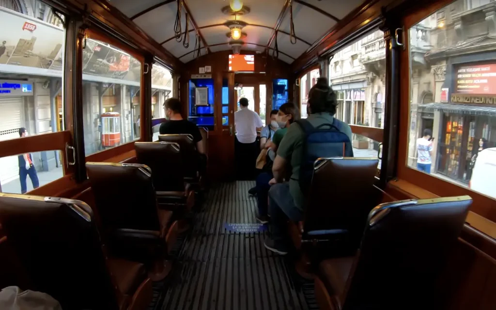 Interior view of the tram running on Istiklal Street, Istanbul.