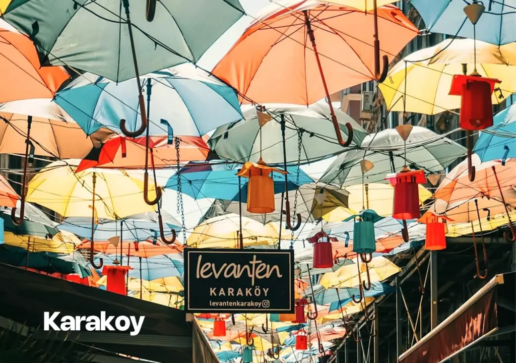 A street in Karaköy with colorful Levanten umbrellas hanging overhead.