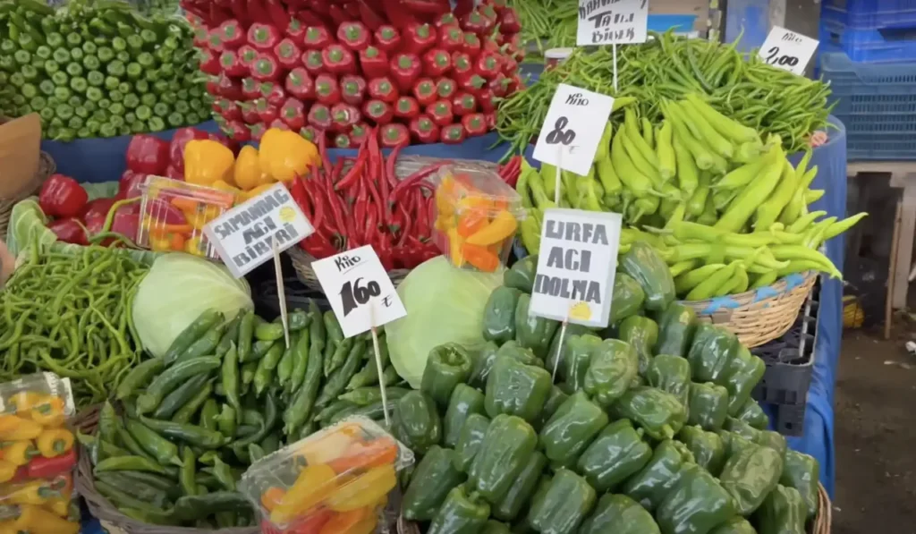 Fresh vegetables on display at Başakşehir Market, available on Fridays and Mondays.