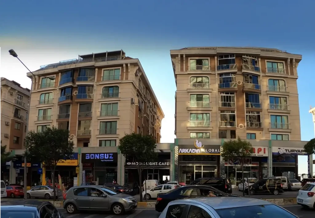 Street lined with shops in Beylikdüzü.