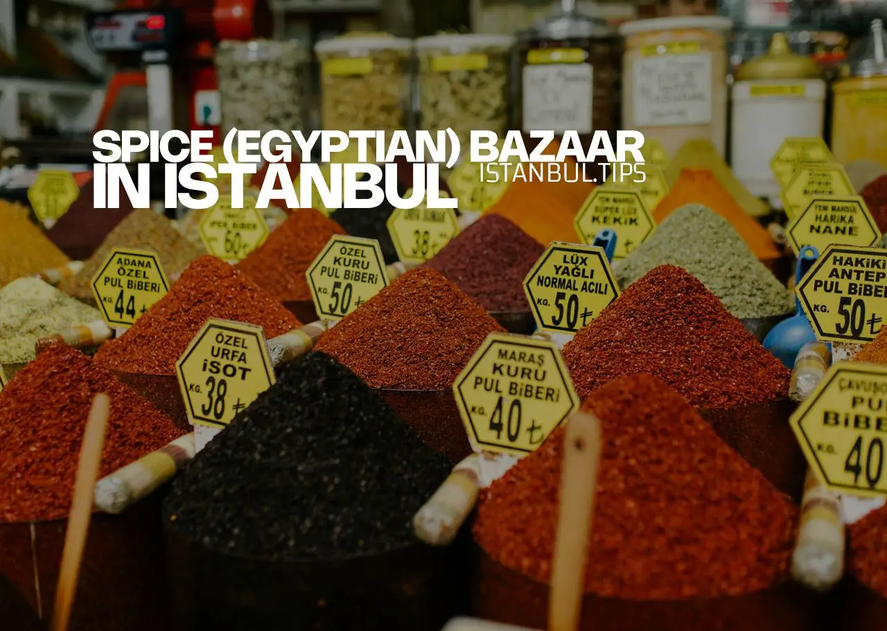 Inside view of Istanbul’s Spice Bazaar, with colorful displays of spices, dried fruits, and local products.