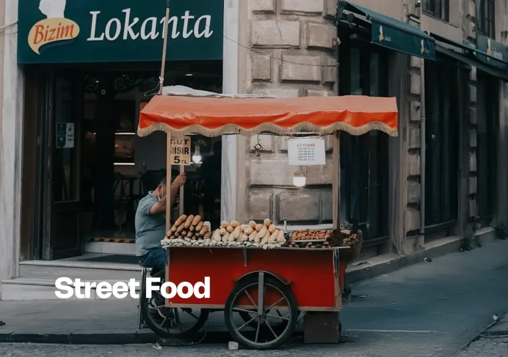 A street food vendor in Istanbul preparing traditional Turkish snacks like chestnuts and sweet corn.