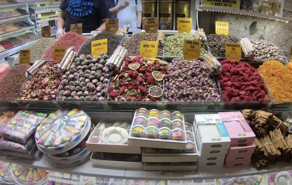 A variety of teas and herbs on display at Istanbul’s Spice Bazaar, showcasing vibrant colors and aromatic blends.