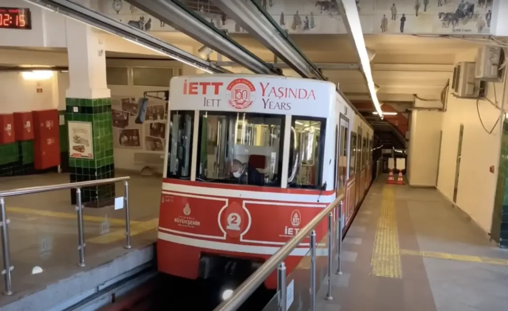 Interior of the Tünel funicular cabin in Istanbul.