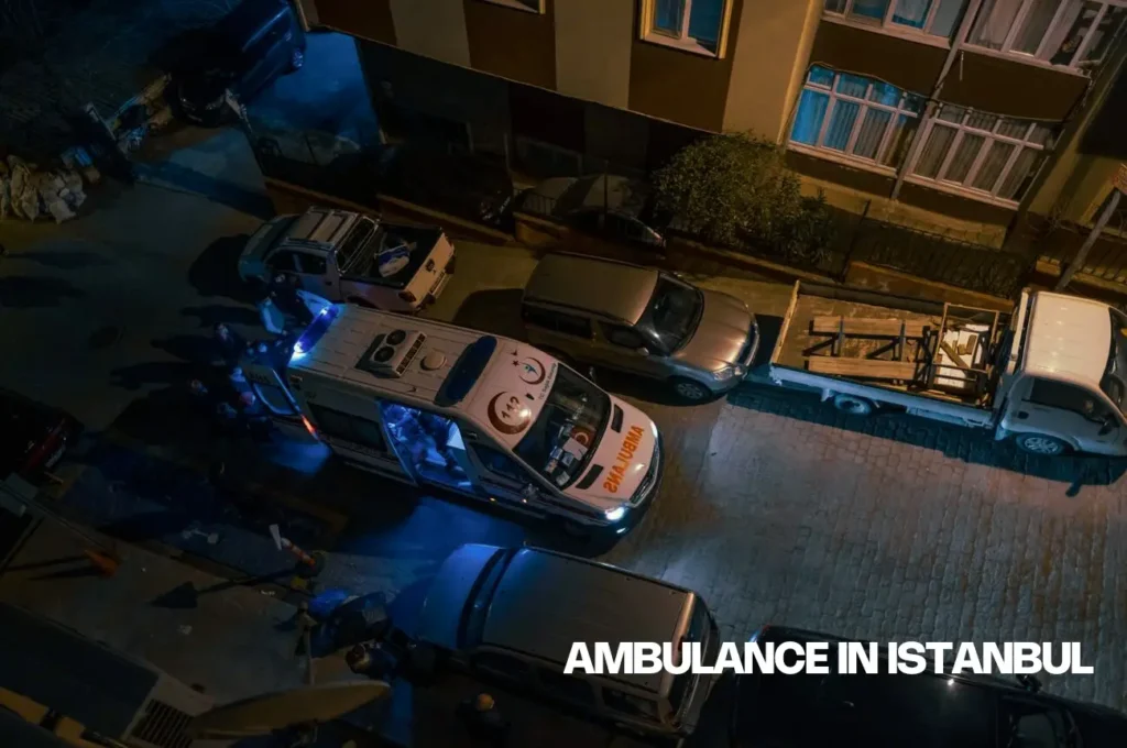 An ambulance in Taksim, Istanbul, navigating through a narrow street.