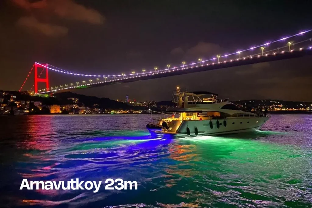 A 23-meter yacht docked in Arnavutkoy, available for private charters on the Bosphorus.