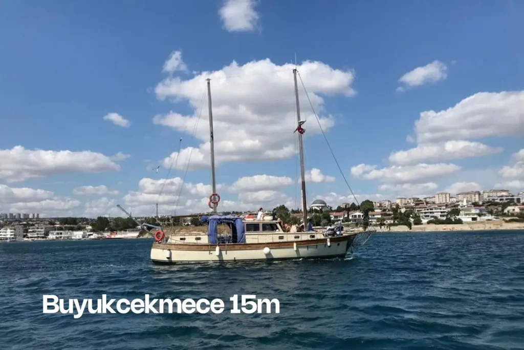 The Buyukcekmece 15m gulet, a traditional sailing boat for rent in Istanbul.