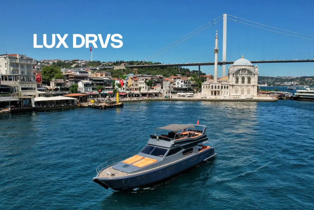 The LUX DRVS yacht, a luxury charter service on Istanbul’s Bosphorus.