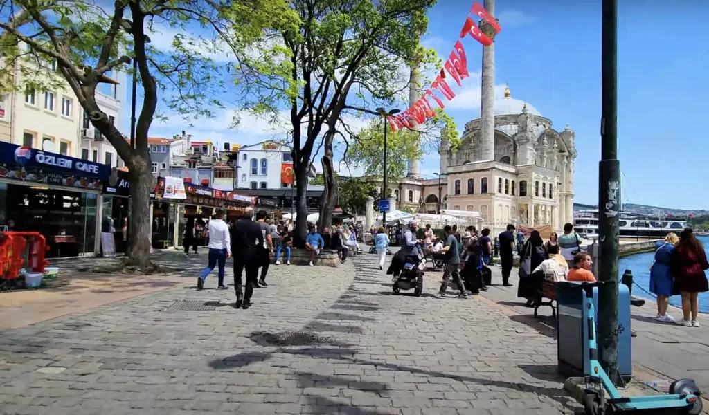 Ortaköy Square with the famous Ortaköy Mosque by the Bosphorus in Istanbul.