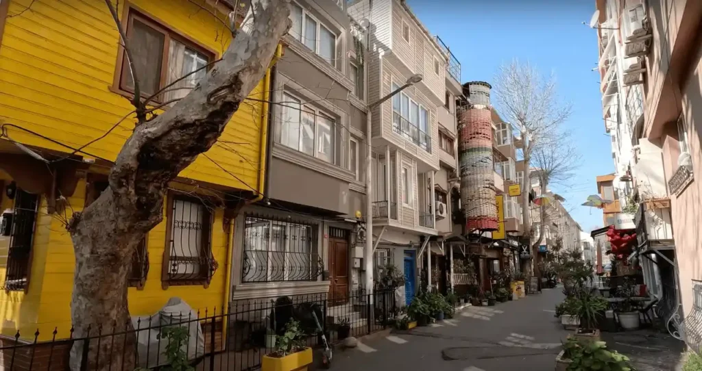 The image showcases a vibrant row of colorful houses in Maltepe, Istanbul.