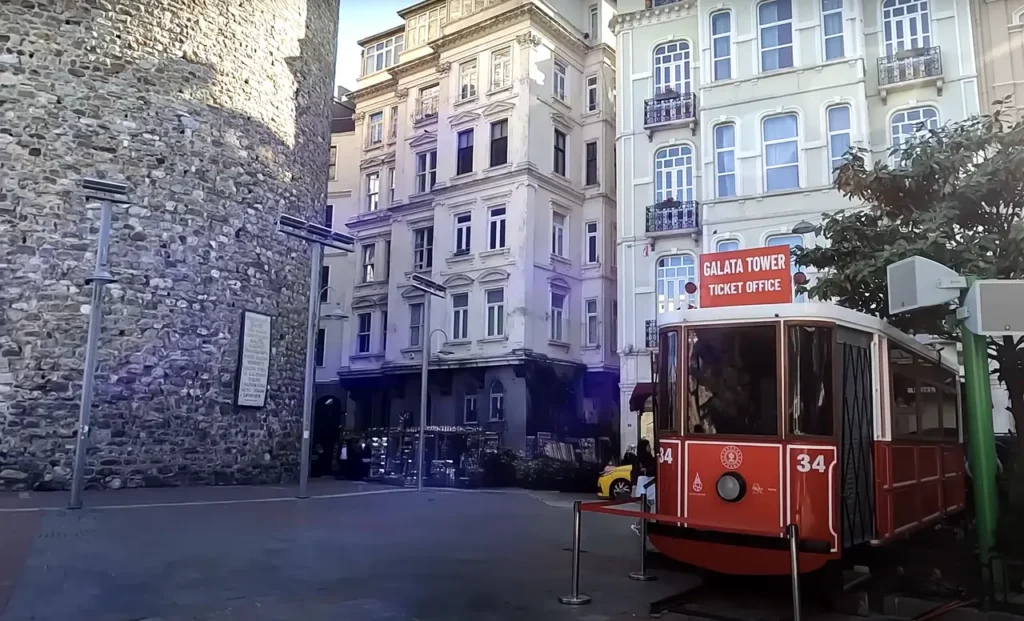 A tram near Galata Tower, functioning as a ticket office.