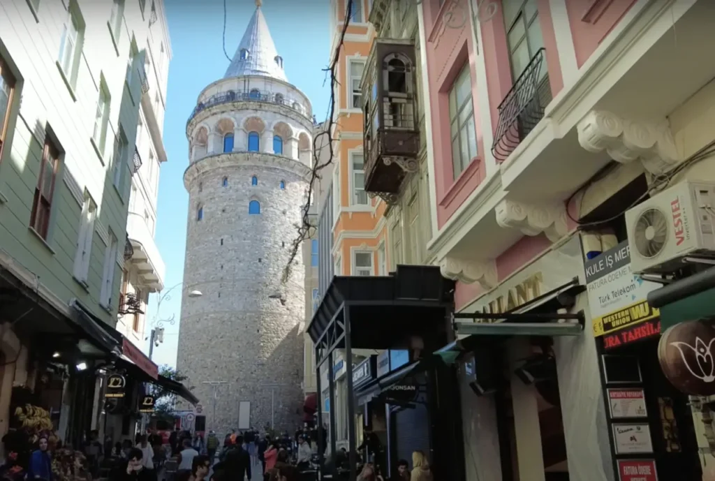 View of the Galata Tower from a narrow street in Istanbul.