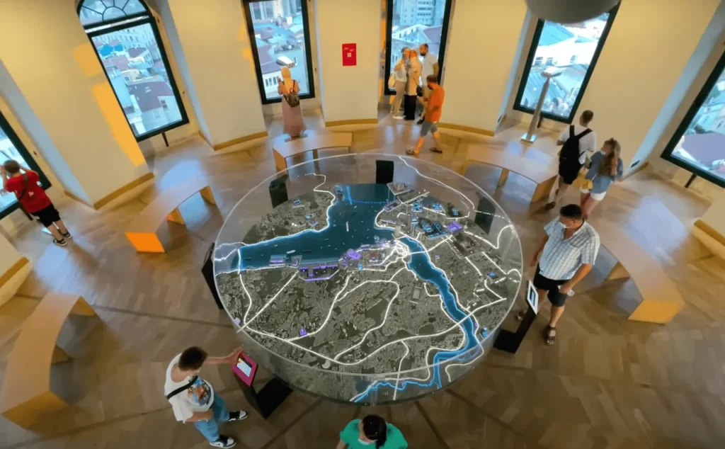 Miniature model of Istanbul inside Galata Tower, showcasing famous landmarks and the Bosphorus.