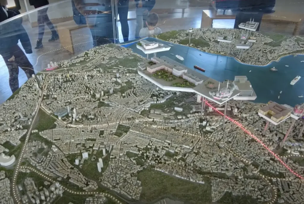 Miniature model of Istanbul displayed inside the Galata Tower, showcasing famous landmarks.