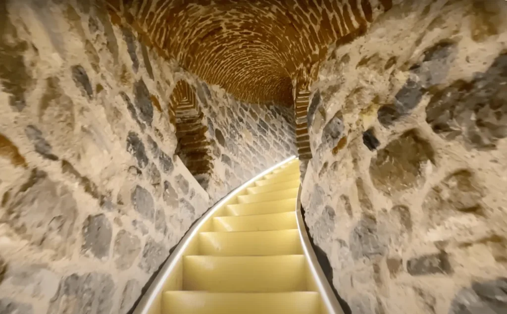 Stone stairs and narrow corridors inside Galata Tower, reflecting its medieval architecture.