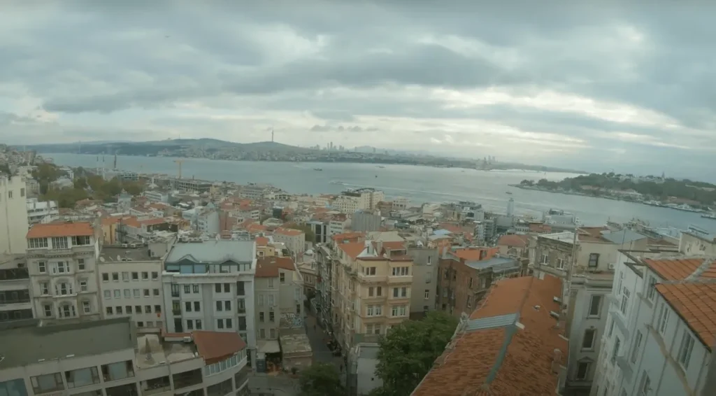 View from Galata Tower on a cloudy day, with the Bosphorus and Istanbul’s skyline in the distance.