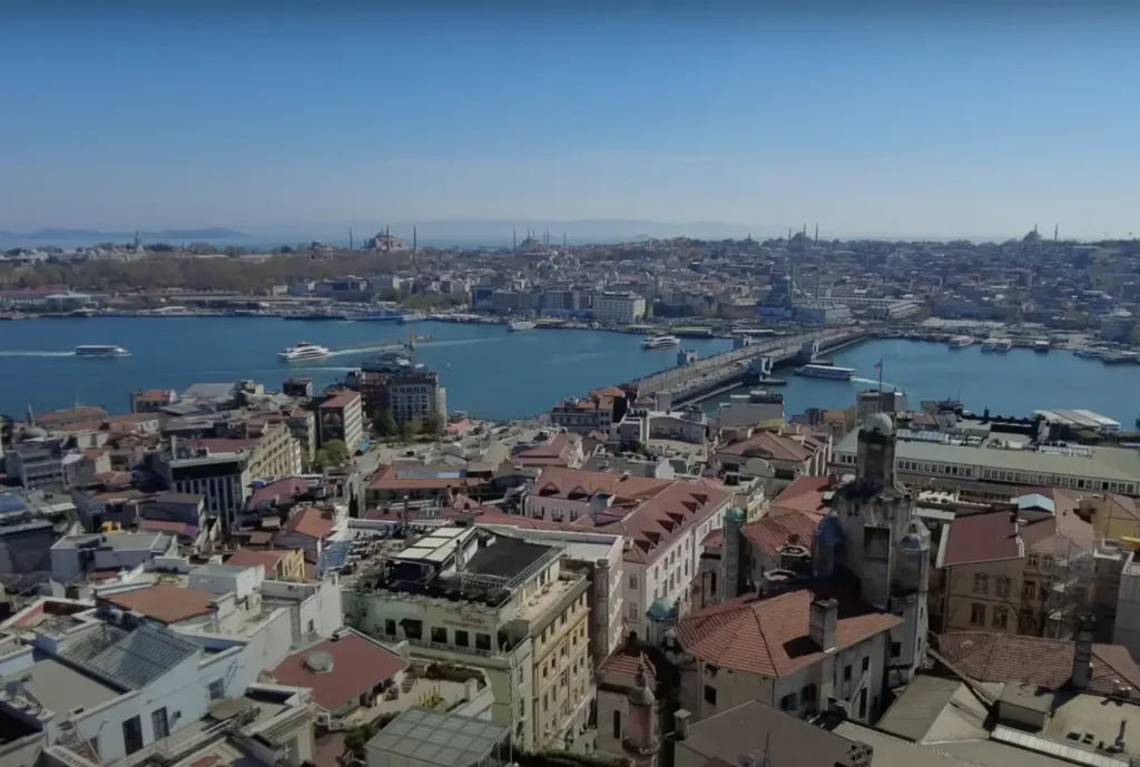 Panoramic view of Istanbul’s skyline and the Bosphorus from the top of the Galata Tower.