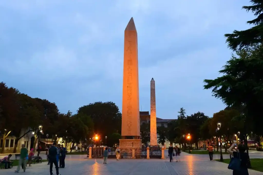 View of the Egyptian Obelisk and Brick Obelisk at Sultanahmet Square in Istanbul, Turkey.