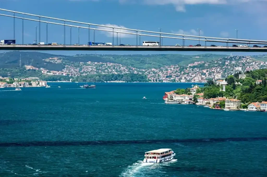 The majestic Fatih Sultan Mehmet Bridge as seen from Rumeli Fortress, crossing the Bosphorus Strait in Istanbul, Turkey.