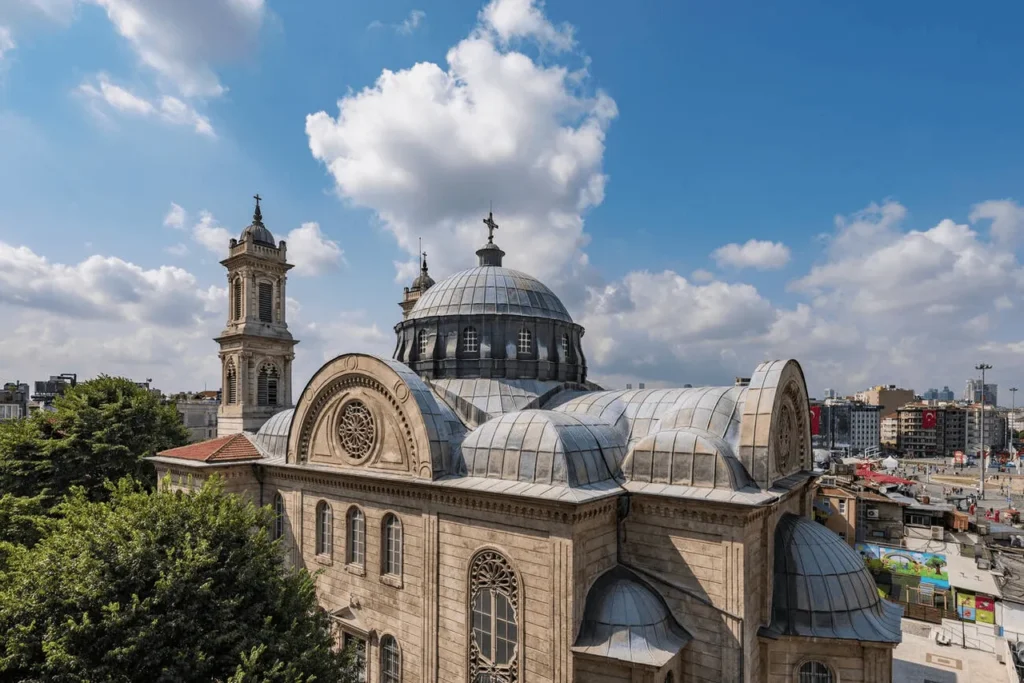 Exterior view of Hagia Triada Church near Istiklal Street, Istanbul, showcasing the church's historic architecture.